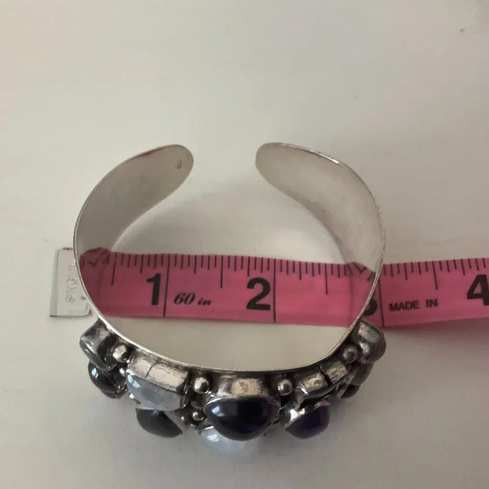 925 sterling silver cuff bracelet with 12 semi-precious stones